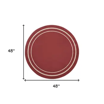 4' Red And Ivory Round Indoor Outdoor Area Rug
