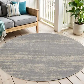 4' Gray And Beige Round Abstract Indoor Outdoor Area Rug