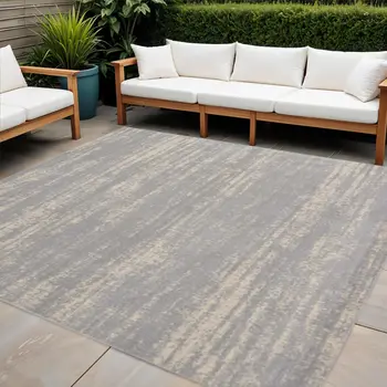 5' Gray And Beige Square Abstract Indoor Outdoor Area Rug
