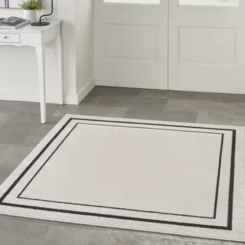 5' Ivory And Black Square Indoor Outdoor Area Rug