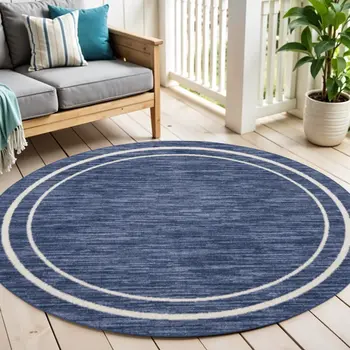 4' Navy Blue And Ivory Round Indoor Outdoor Area Rug