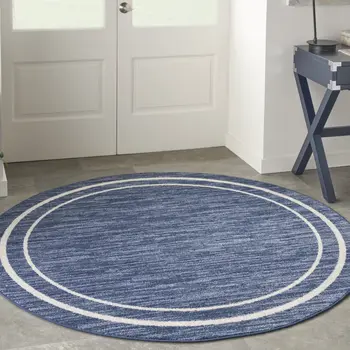 6' Navy Blue And Ivory Round Indoor Outdoor Area Rug