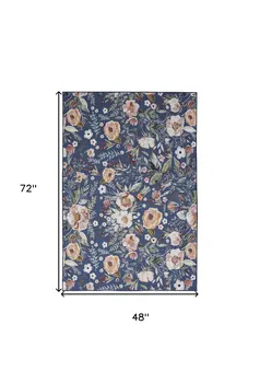 4' X 6' Blue and Pink Floral Power Loom Non Skid Area Rug