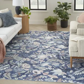 4' X 6' Blue and Ivory Floral Power Loom Washable Non Skid Area Rug