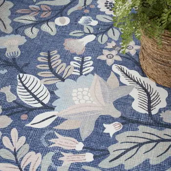 4' X 6' Blue and Ivory Floral Power Loom Washable Non Skid Area Rug