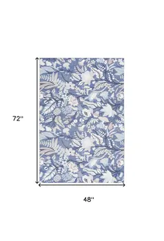 4' X 6' Blue and Ivory Floral Power Loom Washable Non Skid Area Rug