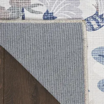 4' X 6' Ivory and Blue Floral Power Loom Washable Non Skid Area Rug