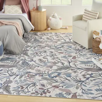 4' X 6' Ivory and Blue Floral Power Loom Washable Non Skid Area Rug