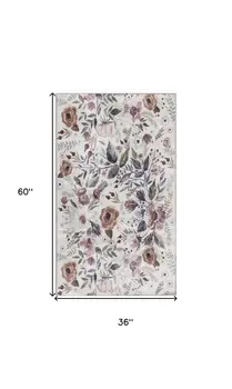 3' X 5' Pink and Ivory Floral Power Loom Washable Non Skid Area Rug