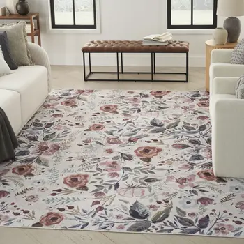 4' X 6' Pink and Ivory Floral Power Loom Washable Non Skid Area Rug