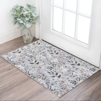 3' X 5' Gray and Blue Floral Power Loom Washable Non Skid Area Rug