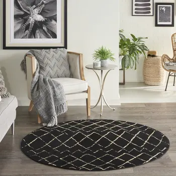 5' Beige and Black Round Abstract Power Loom Area Rug