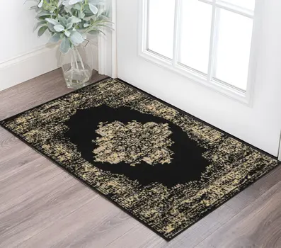 3' X 5' Tan and Black Medallion Distressed Non Skid Area Rug