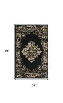 3' X 5' Tan and Black Medallion Distressed Non Skid Area Rug