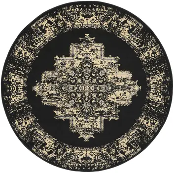 5' Tan and Black Medallion Distressed Non Skid Round Rug
