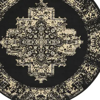 5' Tan and Black Medallion Distressed Non Skid Round Rug