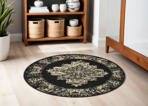 5' Tan and Black Medallion Distressed Non Skid Round Rug