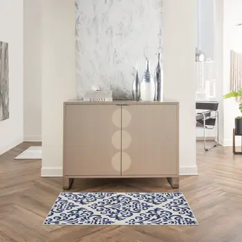 2' X 4' Blue And White Damask Area Rug