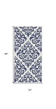 2' X 4' Blue And White Damask Area Rug