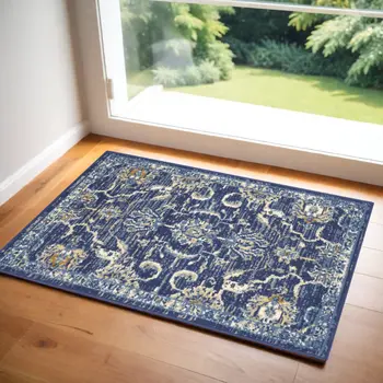 3' X 5' Blue and Gold Oriental Power Loom Area Rug