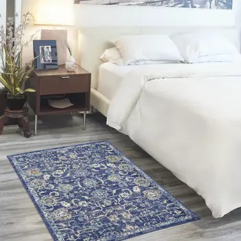 3' X 5' Blue and Gold Oriental Power Loom Area Rug