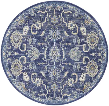5' Blue and Gold Round Oriental Power Loom Area Rug