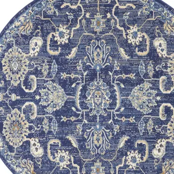5' Blue and Gold Round Oriental Power Loom Area Rug