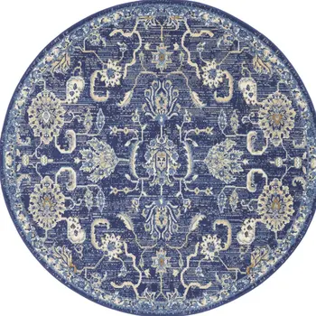 5' Blue and Gold Round Oriental Power Loom Area Rug