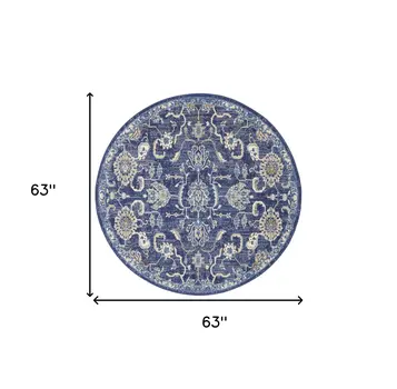 5' Blue and Gold Round Oriental Power Loom Area Rug