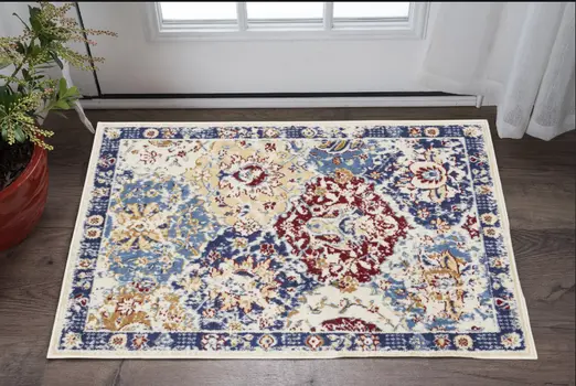 3' X 5' Ivory Red and Blue Ogee Distressed Non Skid Area Rug