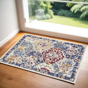 2' X 4' Ivory Red and Blue Ogee Distressed Non Skid Area Rug
