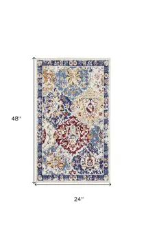 2' X 4' Ivory Red and Blue Ogee Distressed Non Skid Area Rug