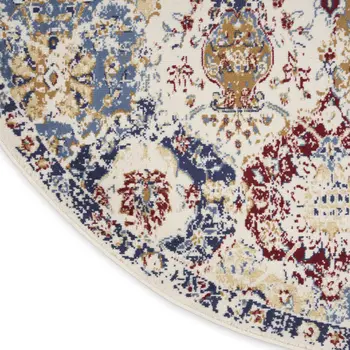 5' Ivory Red and Blue Ogee Distressed Non Skid Round Rug
