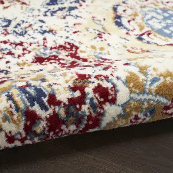 5' Ivory Red and Blue Ogee Distressed Non Skid Round Rug