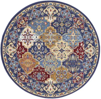 5' Red Blue and Light Brown Ogee Distressed Non Skid Round Rug