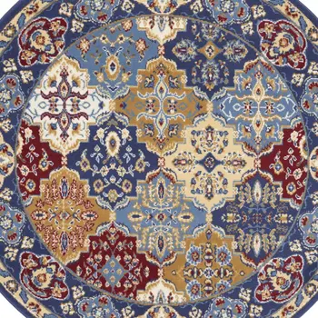 5' Red Blue and Light Brown Ogee Distressed Non Skid Round Rug