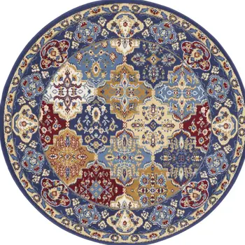 5' Red Blue and Light Brown Ogee Distressed Non Skid Round Rug