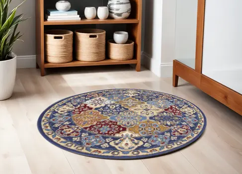 5' Red Blue and Light Brown Ogee Distressed Non Skid Round Rug