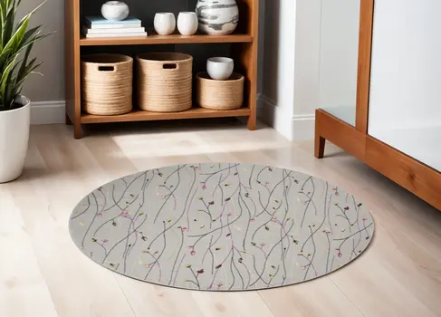 5' Gray and Pink Round Floral Vines Power Loom Area Rug