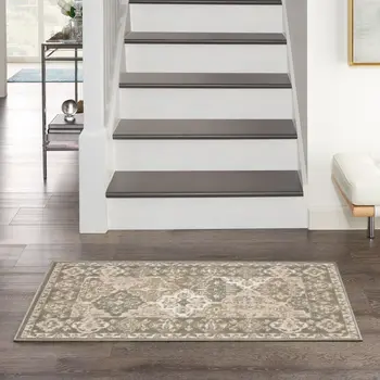 2' X 4' Green and Ivory Ogee Power Loom Distressed Area Rug