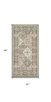 2' X 4' Green and Ivory Ogee Power Loom Distressed Area Rug