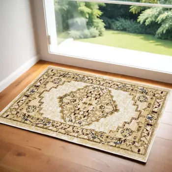 2' X 4' Beige and Ivory Medallion Power Loom Distressed Area Rug