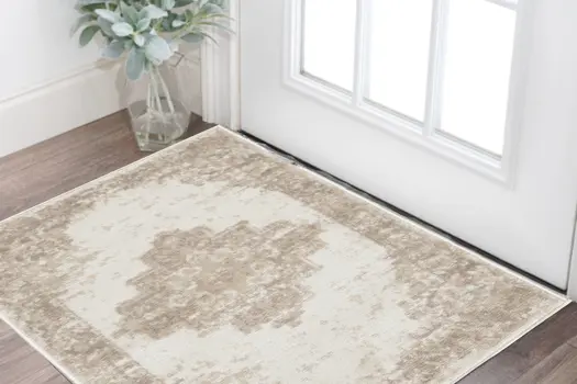 2' X 4' Beige and Ivory Medallion Power Loom Distressed Area Rug