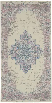 2' X 4' Ivory Pink And Blue Medallion Distressed Area Rug
