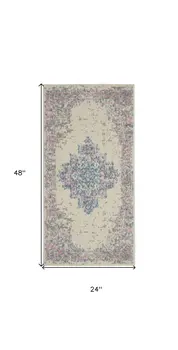 2' X 4' Ivory Pink And Blue Medallion Distressed Area Rug