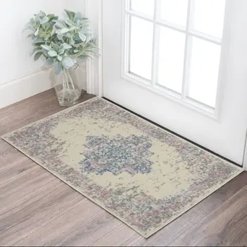 2' X 4' Ivory Pink And Blue Medallion Distressed Area Rug