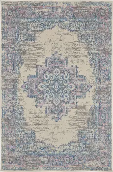 3' X 5' Ivory Pink and Blue Medallion Distressed Non Skid Area Rug
