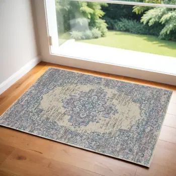 3' X 5' Ivory Pink and Blue Medallion Distressed Non Skid Area Rug