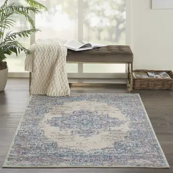 3' X 5' Ivory Pink and Blue Medallion Distressed Non Skid Area Rug
