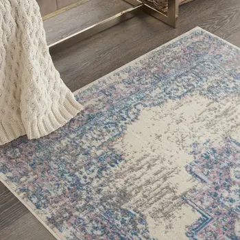 3' X 5' Ivory Pink and Blue Medallion Distressed Non Skid Area Rug